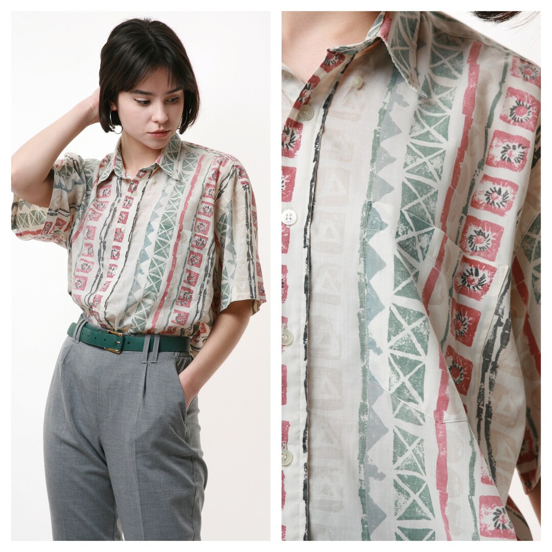 80’s Silk Geometric Pattern Button Front Blouse by Levante