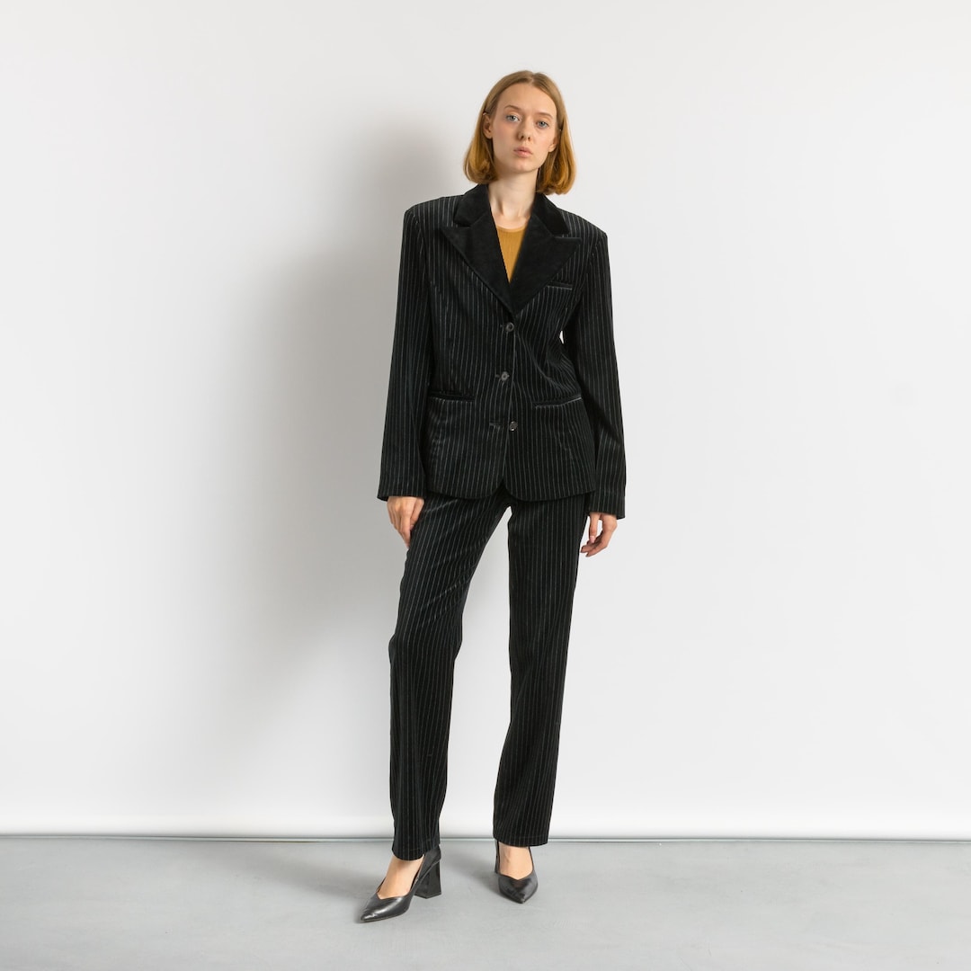 90s EMPORIO ARMANI スラックス Emporio Armani Velor Suit, 90s Black Armani Striped Pants