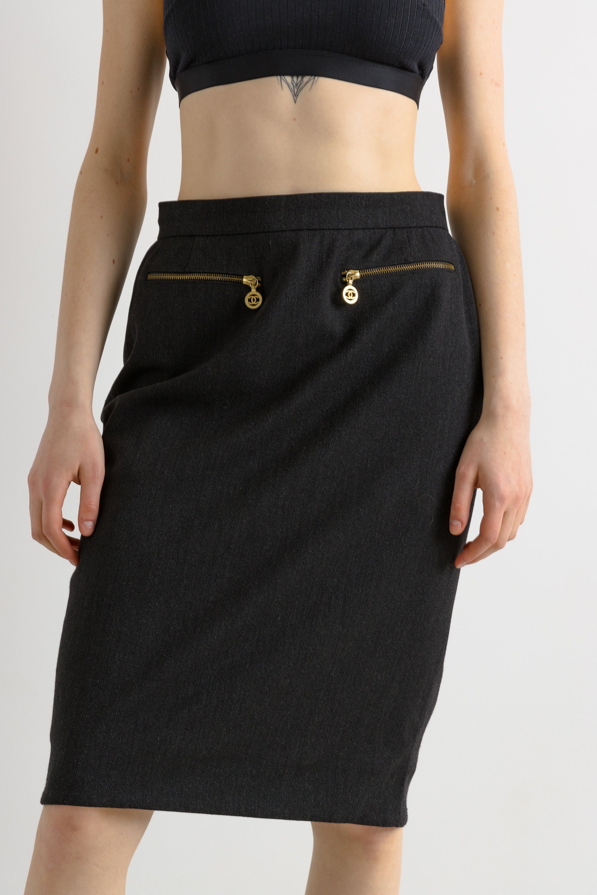 Vintage 90s Chanel High Waisted Pencil Wool Skirt/ Made in France 