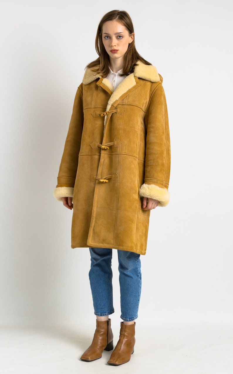 80s Vintage Suede Sheepskin Leather Shearling Fastens Coat Size Medium ...