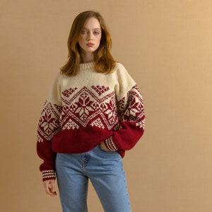 80s Vintage Nepal Handknitted Wool Sweater Knitwear Beige Ornament 
