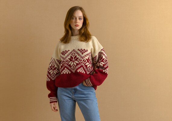 80s Vintage Nepal Handknitted Wool Sweater Knitwear Beige Ornament 