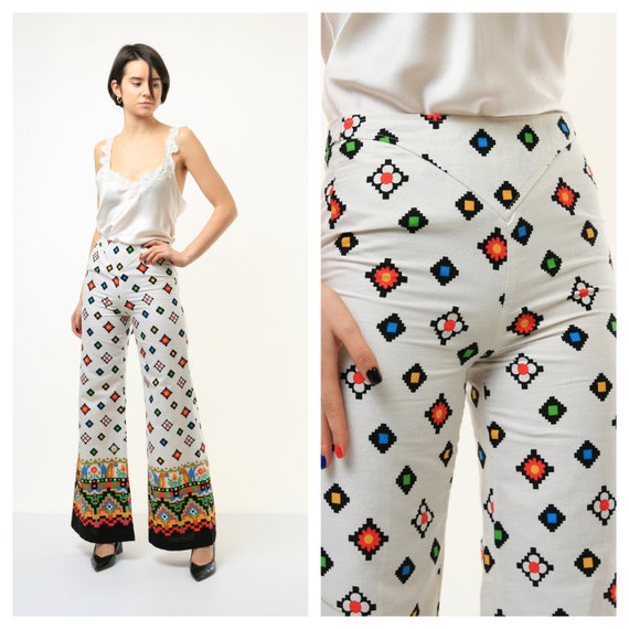 70s Vintage Woman High Wasited Abstract Pattern Flare Pants Size