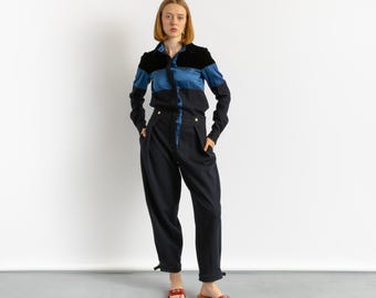 90s Vintage CHLOE Minimal Black Blue Buttoned Jumpsuit Coveralls / Fits like Xs S/ Designer Clothing