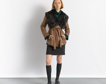 Vintage 1980s Gianfranco Ferré Shearling Jacket / Tan Brown Suede