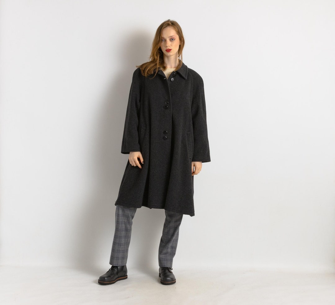 Vintage 80s Wool Midi Coat Grey 12 14