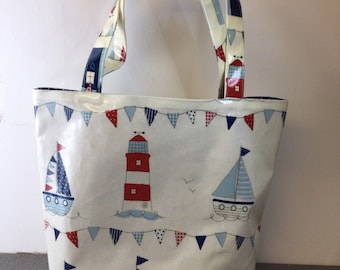 Maritime Oilcloth Bag | Lighthouse & Sailboat Print | Waterproof Nautical Tote