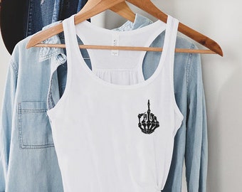 Skeleton Middle Finger Graphic Tank Top, Funny Women's Tee