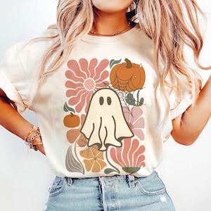 Comfort Colors, Boho Floral Fall T-shirt, Boho Ghost T-shirt, cute shirt for fall, Cute Halloween shirt, iprintasty Halloween