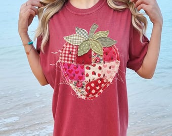 Patchwork Strawberry Trendy Beach Shirt, Comfort Colors Summer Beach Vibes Salty Vibes Tee