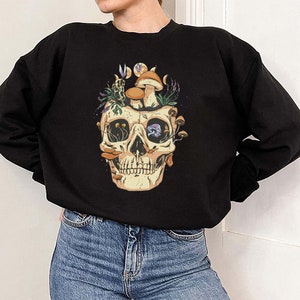 Skull with mushrooms and flowers Sweatshirt, Cottage-core Clothing, Crewneck Mushroom Print, Mushroom Art, Indie Clothing, Mushrooms sweater