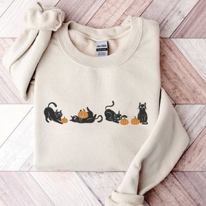 Cute Black Cats on Pumpkin Sweatshirt, Sweater for fall, Cute Black Cat Sweater, Halloween Black Cats Design, Halloween Gifts for Cat Owner.