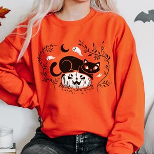 Halloween cat Sweatshirt, Fall Sweatshirt Pumpkin Sweatshirt, Black Cat Halloween, Cute cat sweater, Black Cat sweatshirt, Halloween Sweater image 1