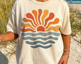 Comfort Colors Retro Sun Shirt, Minimalist Beach Landscape Tee