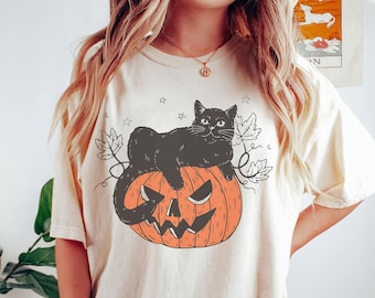 Comfort Colors® Black Cat on Pumpkin shirt, shirt for fall, Black Cat t-shirt, Halloween Black Cat Design, Fall Shirt,  iprintasty halloween