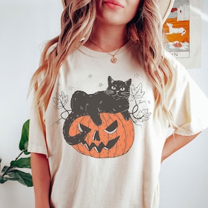 Comfort Colors® Black Cat on Pumpkin shirt, shirt for fall, Black Cat t-shirt, Halloween Black Cat Design, Fall Shirt,  iprintasty halloween