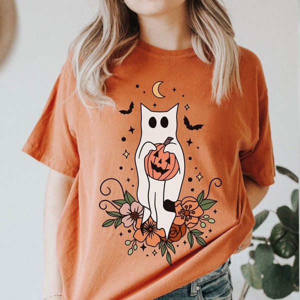 Comfort Colors® Floral Ghost cat Halloween t-shirt, Halloween Ghost t-shirt, Halloween ghost Cat Design, iprintasty halloween