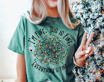 Comfort Colors® Everything is Fine Christmas T-Shirt, Funny Christmas T, iPrintasty Christmas,  Tangled Christmas lights t-shirt, I'm Fine