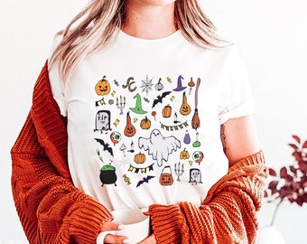 Cute Halloween doodles t-shirt, Halloween things shirt, Cute Halloween  t-shirt, witch t-shirt, magic tee, holiday apparel