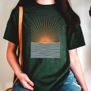 Boho sunset t-shirt,  Minimalist t-shirt, Neutral Landscape, Adventure t-shirt, Abstract Mountain and Sun t-shirt