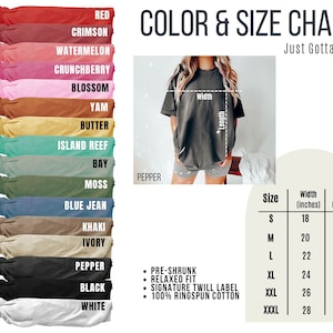 May include: Color and size chart for t-shirts in various colors, including red, crimson, watermelon, crunchberry, blossom, yam, butter, island reef, bay, moss, blue jean, khaki, ivory, pepper, black, and white. The chart shows the width and length in inches for sizes S, M, L, XL, XXL, XXXL. The chart also includes details about the fabric: pre-shrunk, relaxed fit, signature twill label, and 100% ringspun cotton.