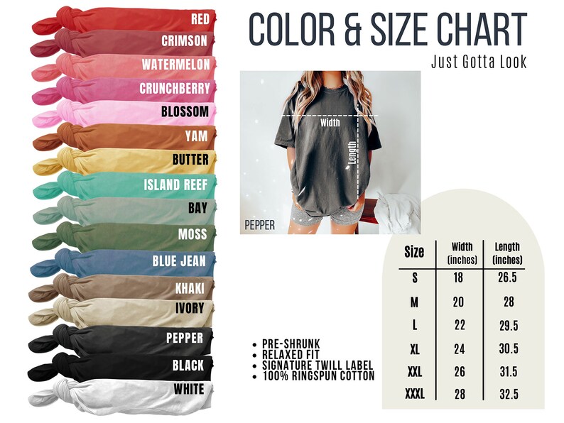 May include: Color and size chart for t-shirts in various colors, including red, crimson, watermelon, crunchberry, blossom, yam, butter, island reef, bay, moss, blue jean, khaki, ivory, pepper, black, and white. The chart shows the width and length in inches for sizes S, M, L, XL, XXL, XXXL. The chart also includes details about the fabric: pre-shrunk, relaxed fit, signature twill label, and 100% ringspun cotton.