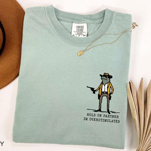 May include: A light blue t-shirt with a cartoon frog wearing a hat and holding a gun. The text "Hold on partner I'm overstimulated" is printed on the shirt.