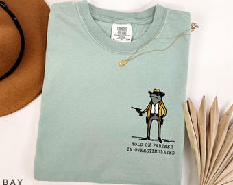 May include: A light blue t-shirt with a cartoon frog wearing a hat and holding a gun. The text "Hold on partner I'm overstimulated" is printed on the shirt.