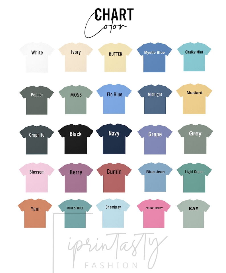 Puede incluir: Gr&aacute;fico de 25 colores de camiseta diferentes con nombres para cada color. Los colores incluyen blanco, marfil, mantequilla, azul m&iacute;stico, menta calc&aacute;rea, pimienta, musgo, azul flo, medianoche, mostaza, grafito, negro, azul marino, uva, gris, flor, baya, comino, azul vaquero, verde claro, &ntilde;ame, abeto azul, chambray, ar&aacute;ndano y bah&iacute;a.