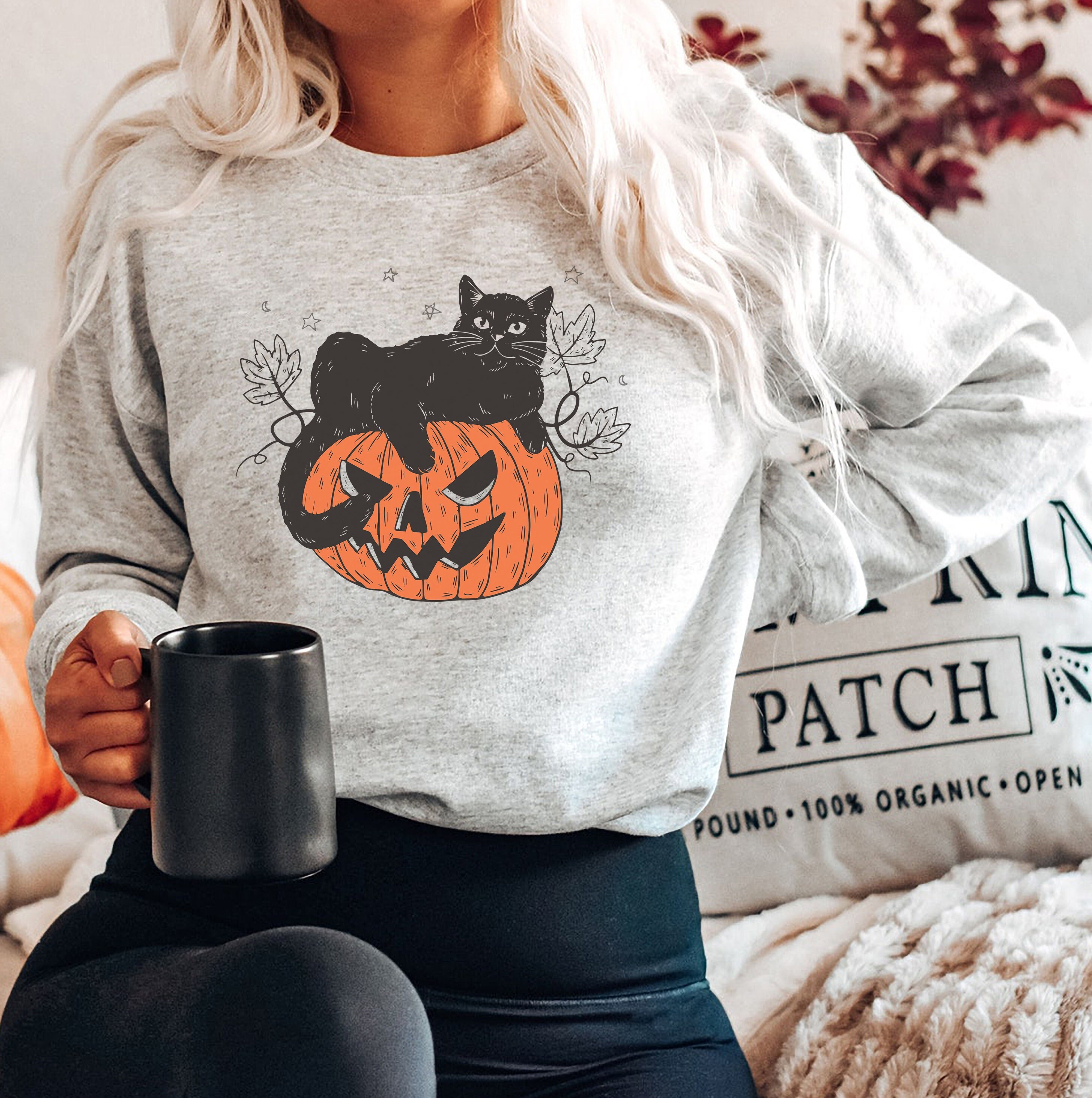 thumbnail image 2 of Spooky Season Clothing Black Cat On Pumpkin Sweatshirt - Halloween Fall Pullover For Women Women's Black Cat Pumpkin Fall Pullover 2 of 13