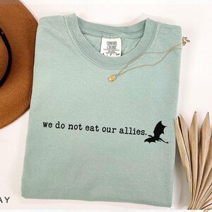 May include: A light green t-shirt with a black dragon graphic and the text "we do not eat our allies."
