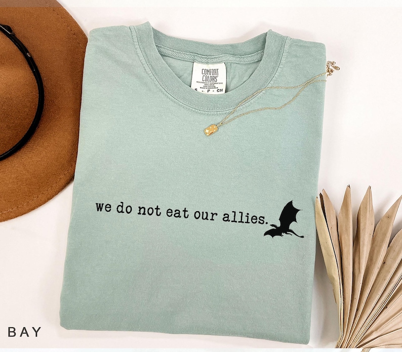 May include: A light green t-shirt with a black dragon graphic and the text "we do not eat our allies."