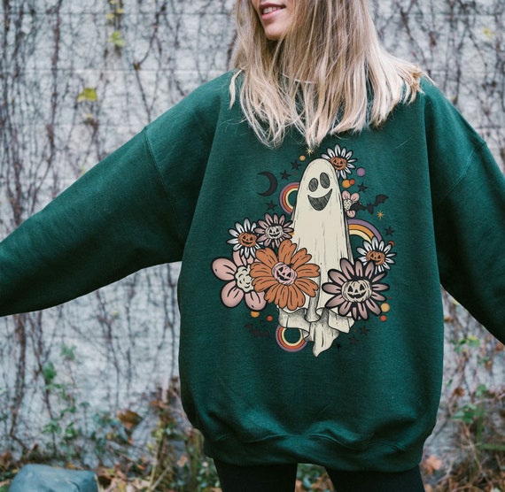 Vintage Floral Ghost Sweatshirt, Cute Woman Halloween