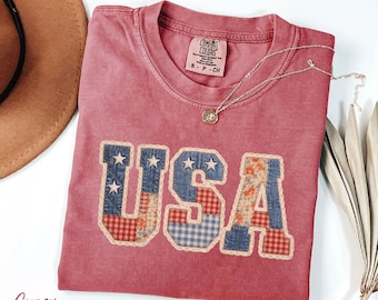 USA Floral Tee, Faux Patchwork Patriotic Tee, Vintage USA Flag Shirt,