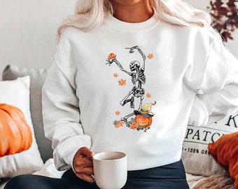 Dancing skeleton sweatshirt, Fall Women sweatshirt, Thanksgiving sweater, Fall Pumpkin, fall apparel, Pumpkin Patch, Halloween Women sweater