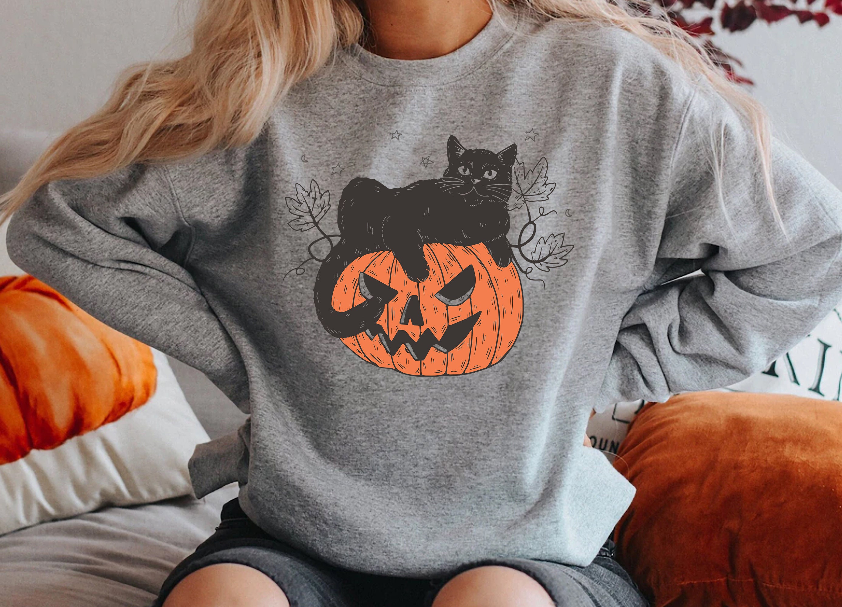 iprintasty Black Cat on Pumpkin Sweatshirt, Sweater for Fall, Black Cat Sweater, Halloween Black Cat Design, Halloween Gifts for Cat Owner.