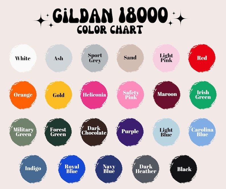 May include: Colour chart for Gildan 18000 t-shirts, displaying 20 different colours in a grid format. The colours include white, ash, sport grey, sand, light pink, red, orange, gold, heliconia, safety pink, maroon, Irish green, military green, forest green, dark chocolate, purple, light blue, Carolina blue, indigo, royal blue, navy blue, dark heather, and black.