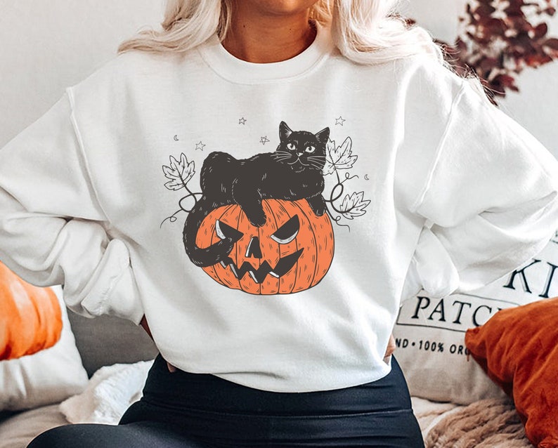 Black Cat on Pumpkin Sweatshirt, Sweater for fall, Black Cat Sweater, Halloween Black Cat Design, Halloween Gifts for Cat Owner. 