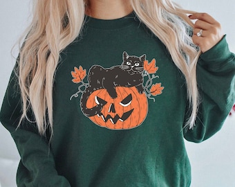 Black Cat on Pumpkin Sweatshirt Sweater 