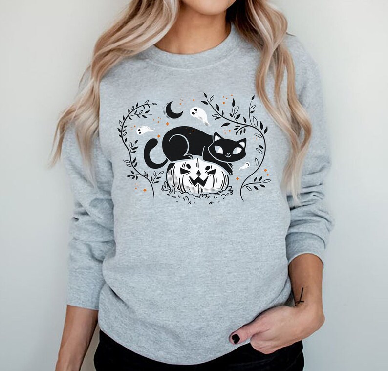 Halloween cat Sweatshirt, Fall Sweatshirt Pumpkin Sweatshirt, Black Cat Halloween, Cute cat sweater, Black Cat sweatshirt, Halloween Sweater image 3