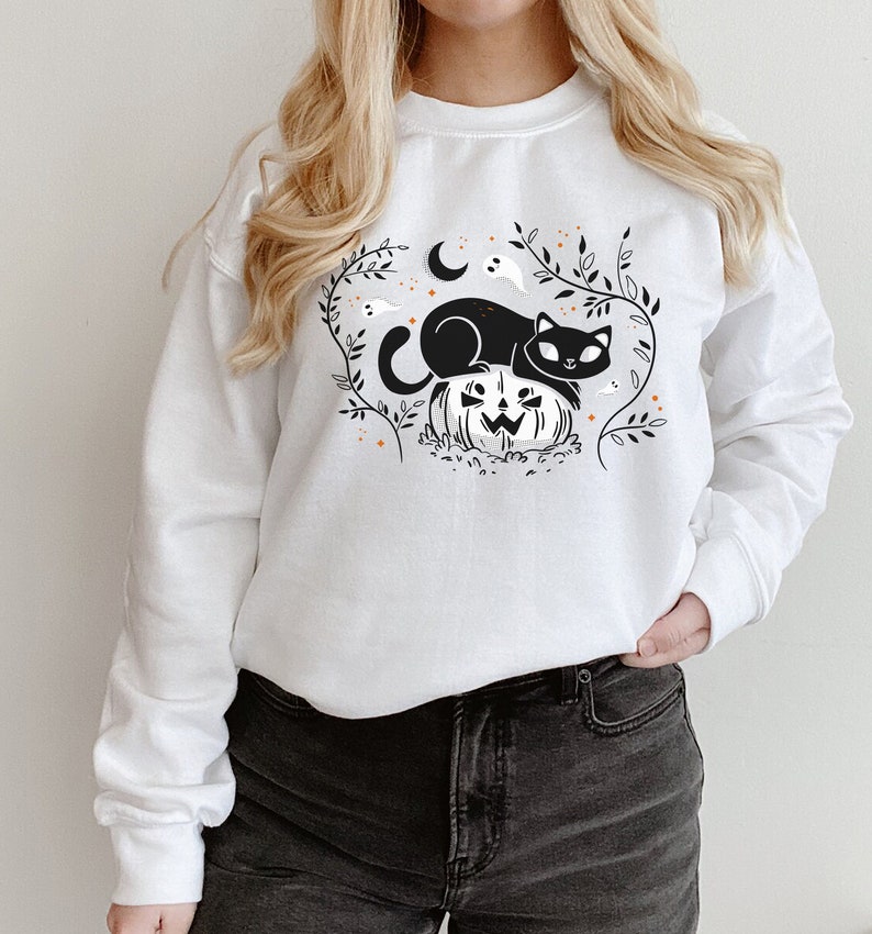 Halloween cat Sweatshirt, Fall Sweatshirt Pumpkin Sweatshirt, Black Cat Halloween, Cute cat sweater, Black Cat sweatshirt, Halloween Sweater image 2