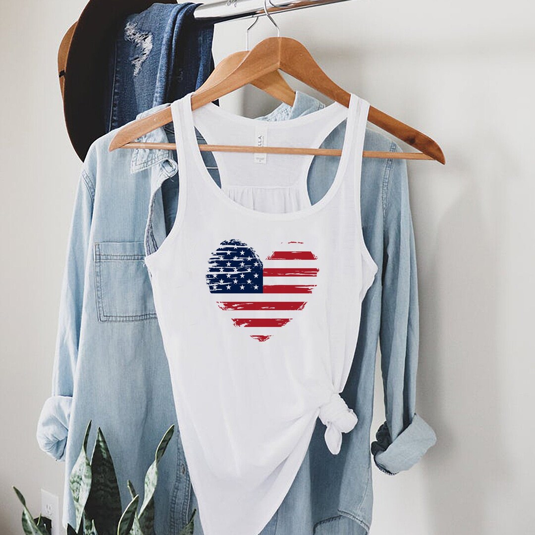 Women's Patriotic American Flag Tank Top - 4th Of July Racerback Vest With Heart Flag Design (Medium, Heart-Grey)