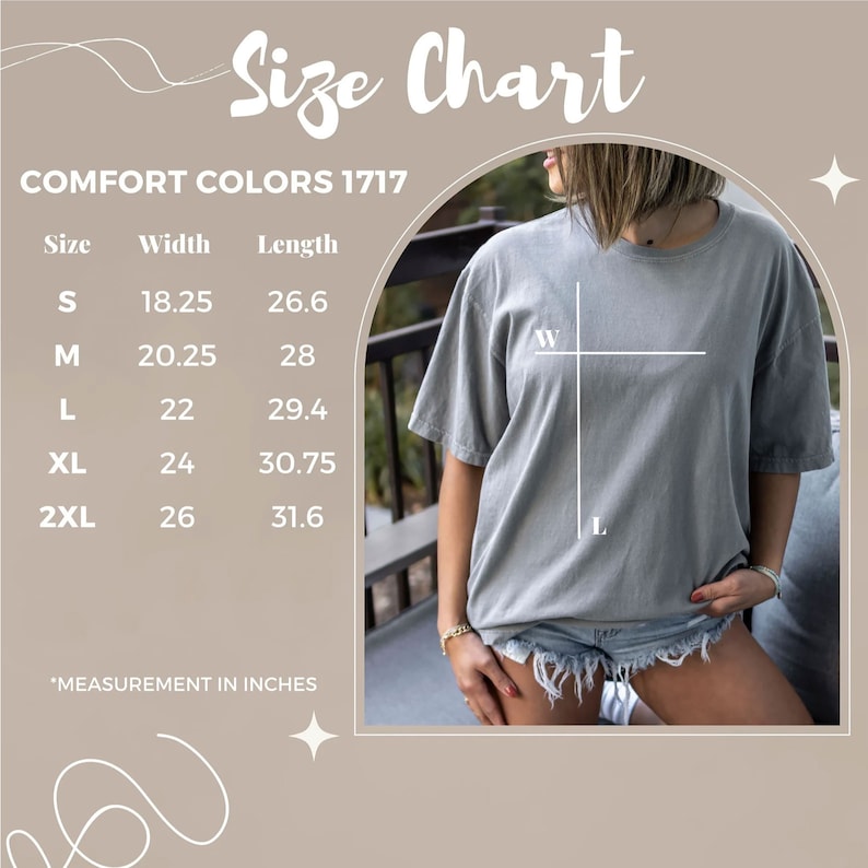 May include: A size chart for Comfort Colors 1717 t-shirts. The chart shows sizes S to 2XL with width and length measurements in inches. A person is wearing a gray t-shirt. The text "Size Chart" is at the top of the image.