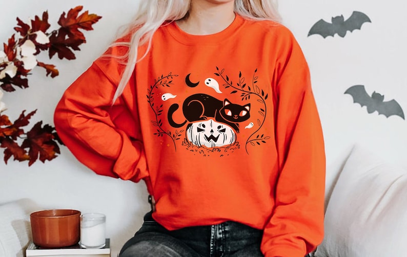 Halloween cat Sweatshirt, Fall Sweatshirt Pumpkin Sweatshirt, Black Cat Halloween, Cute cat sweater, Black Cat sweatshirt, Halloween Sweater image 1