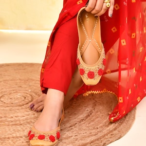 Bridal Ballerina: Red Rose Wedding Shoes in Golden Beige - Perfect Gift for Her | Indian Khussa Sandal | Bridal flats | Women slip on Jutti