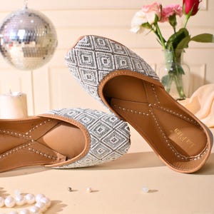 Metallic Silver Embroidered Jutti | Indian  Khussa Sandal | Bridal flats | Women slip ons | Silver Wedding shoes | Gift for her