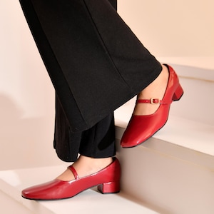 Women&#39;s Mary Jane Shoes in Patent Cherry | Block Heels Balerinas | Formal Wear Shoes | Work Wear Heels | Comfortable Soft Cushioned Pumps |