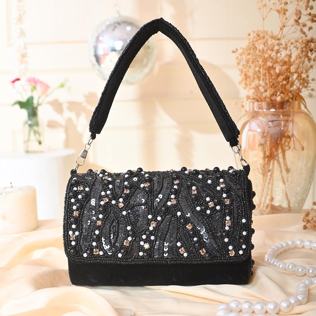 White & Black Embellished Box Clutch with Shoulder Strap