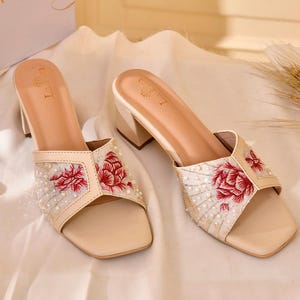 Beige Hand-Embroidered Bridal Sandals | Rose Embroidered | Women&#39;s Party Wear Shoes | Bridesmaid Block Heels | Handmade Shoes | Ethnic Heels