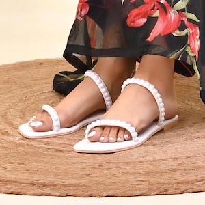 White Handcrafted Flats | Wedding White Sandals With Ivory Pearls | White Greek Sandals | Bridesmaid Shoes | Beach Sandals | Bridal Flats |